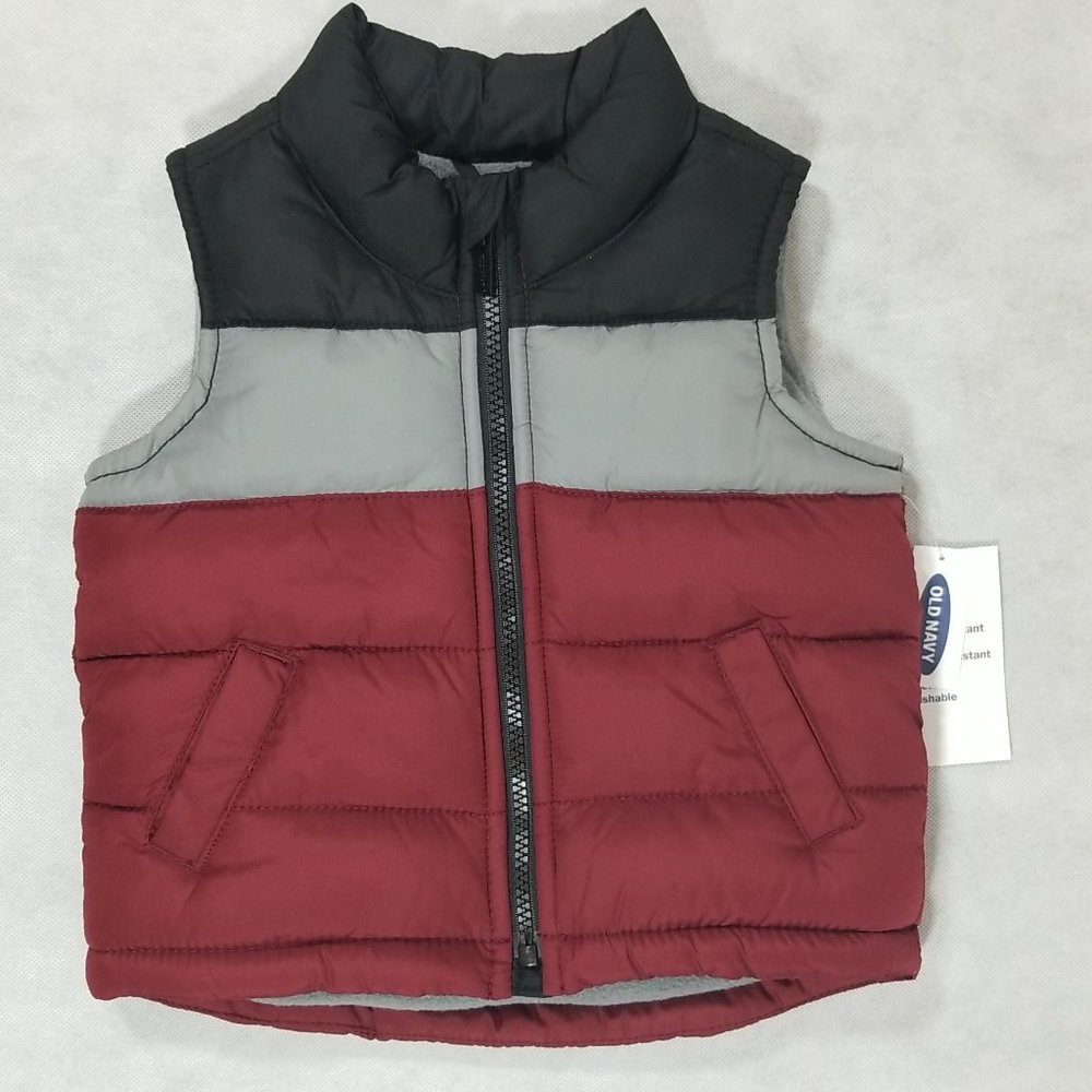 Old Navy Puffer Vest Toddler Boys 12-18m Burgundy Gray‎ Sleeveless Full Zip NWT